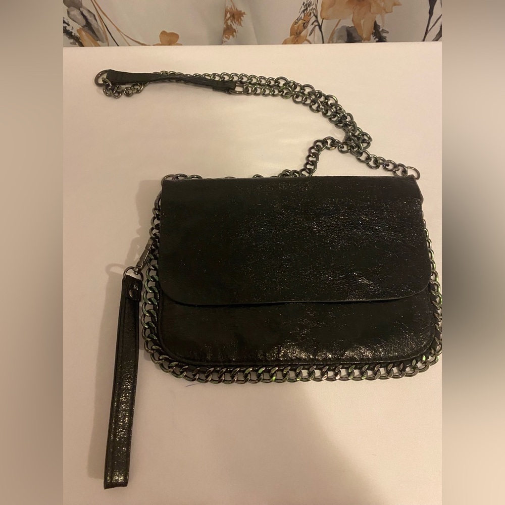 Black Crossbody Purse with Long Silver Chain